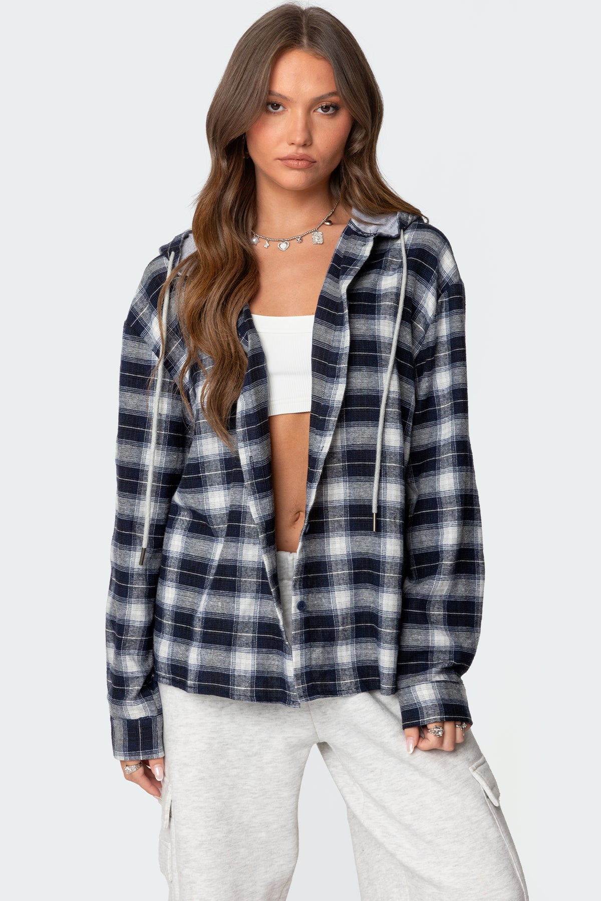 Plaid Hooded Button Up Shirt