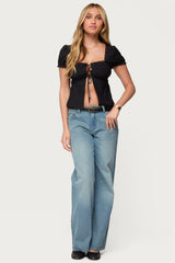 Lacey Split Front Lace Up Top