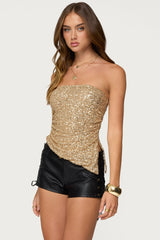 Sequin Asymmetric Slit Strapless Top